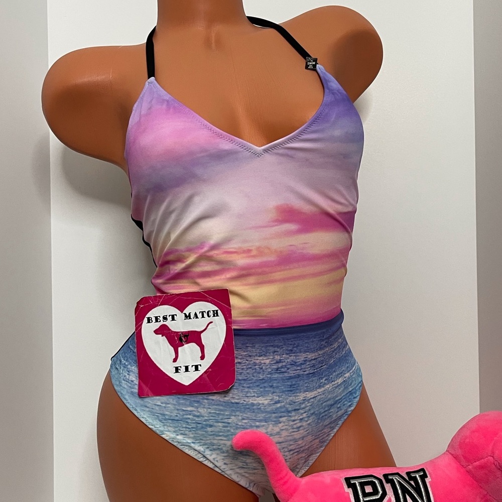 Victoria’s Secret PINK S M L Logo One-piece Swimsuit Sunset Halter Watercolor